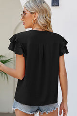 Black Solid Color V Neck Ruffle Short Sleeve Blouse