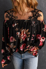 Black Floral Print Lace Loose Off Shoulder Blouse