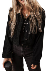 Black Fleece Lined Button-up Collared Crop Jacket