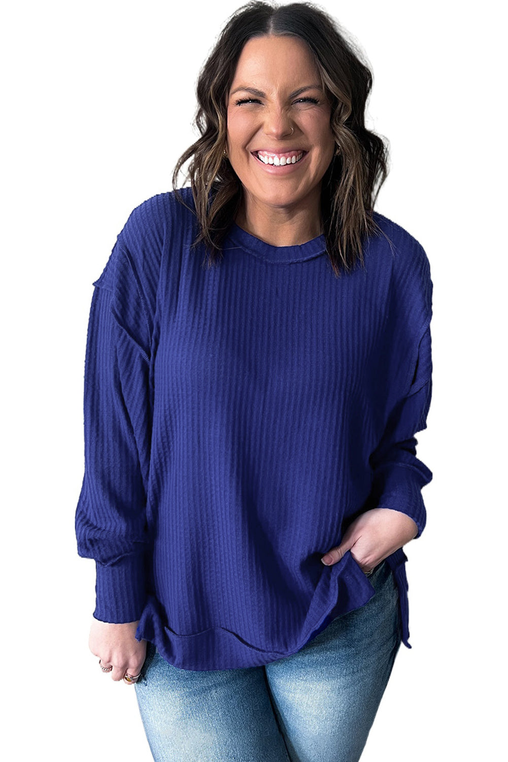 Dark Blue Waffle Knit Exposed Seam Patchwork Plus Size Top