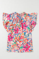 Multicolour Floral Print Tied V-Neck Ruffle Sleeve Blouse