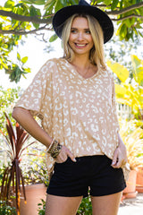 Apricot Leopard Print V Neck Loose T Shirt