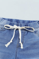 Light Blue Drawstring Elastic Waist Jeans With Hole