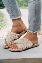 Beige Cross Tassel Band Flat Slides Shoes