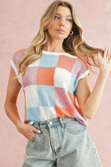 Grapefruit Orange Checkered Color Block Cap Sleeve Knitted Top