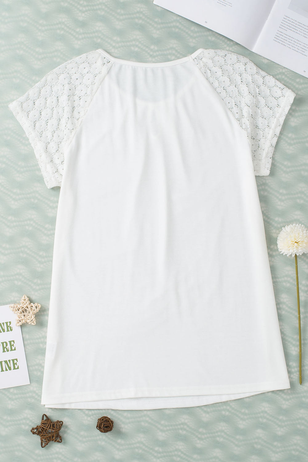 White Contrast Lace Sleeve Keyhole Neck Pleated T Shirt