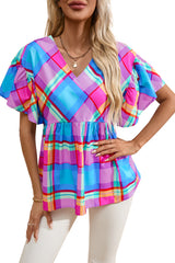 Sky Blue Colorful Plaid V Neck Ruffled Babydoll Blouse