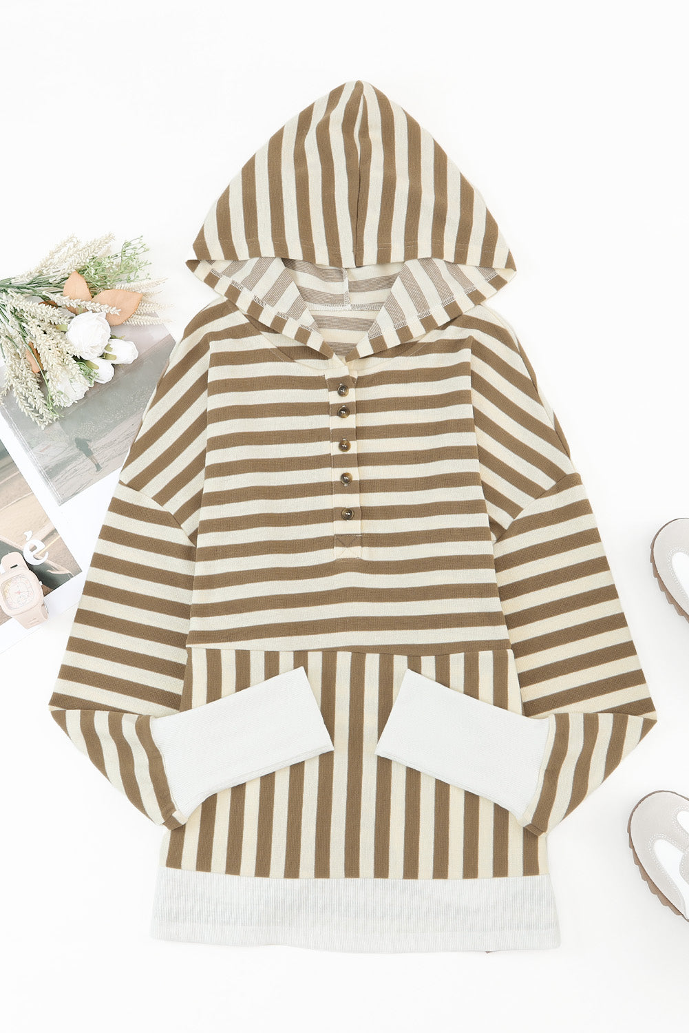 Khaki Striped Snap Button Thumbhole Long Sleeve Pullover Hoodie