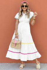 White High Waist Short Sleeve Tiered Shirt Dress