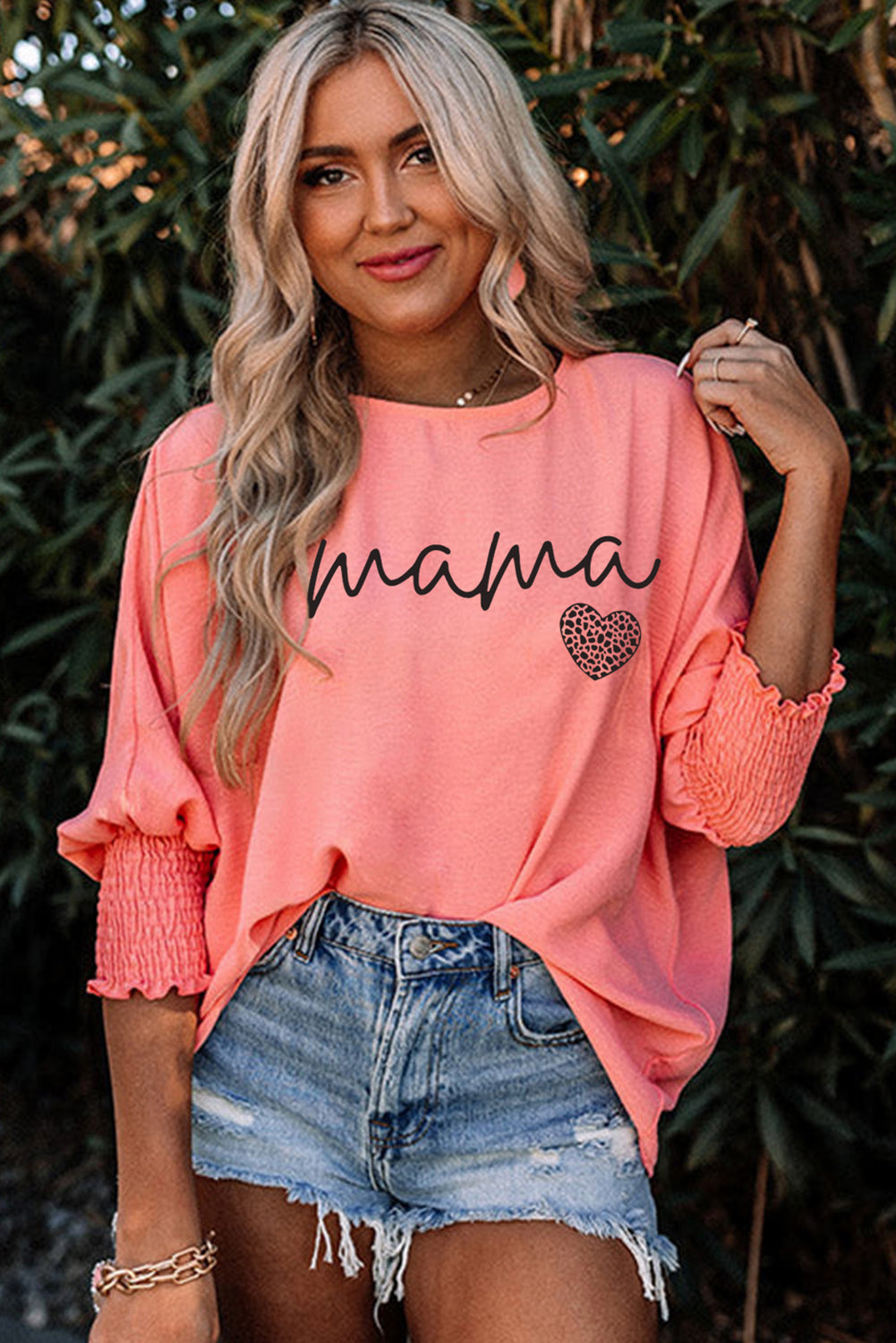 Pink mama Leopard Heart Graphic Shirred 3/4 Sleeve Tee