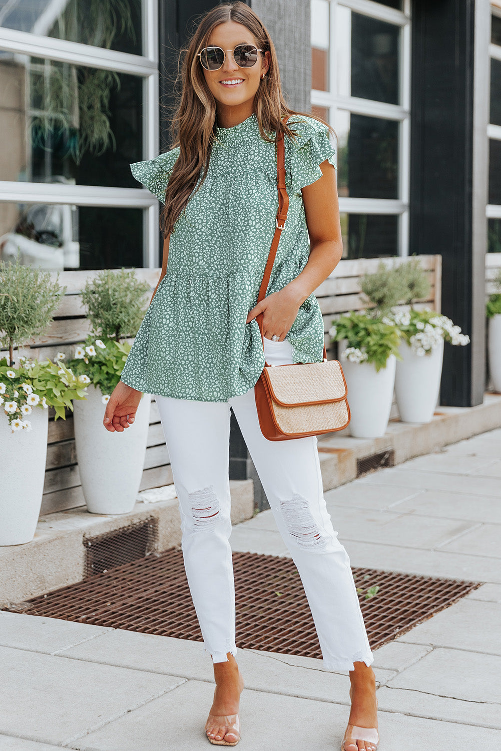 Pastel Green Cheetah Print Tiered Ruffle Sleeve Babydoll Blouse