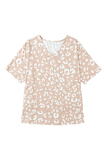 Apricot Leopard Print V Neck Loose T Shirt