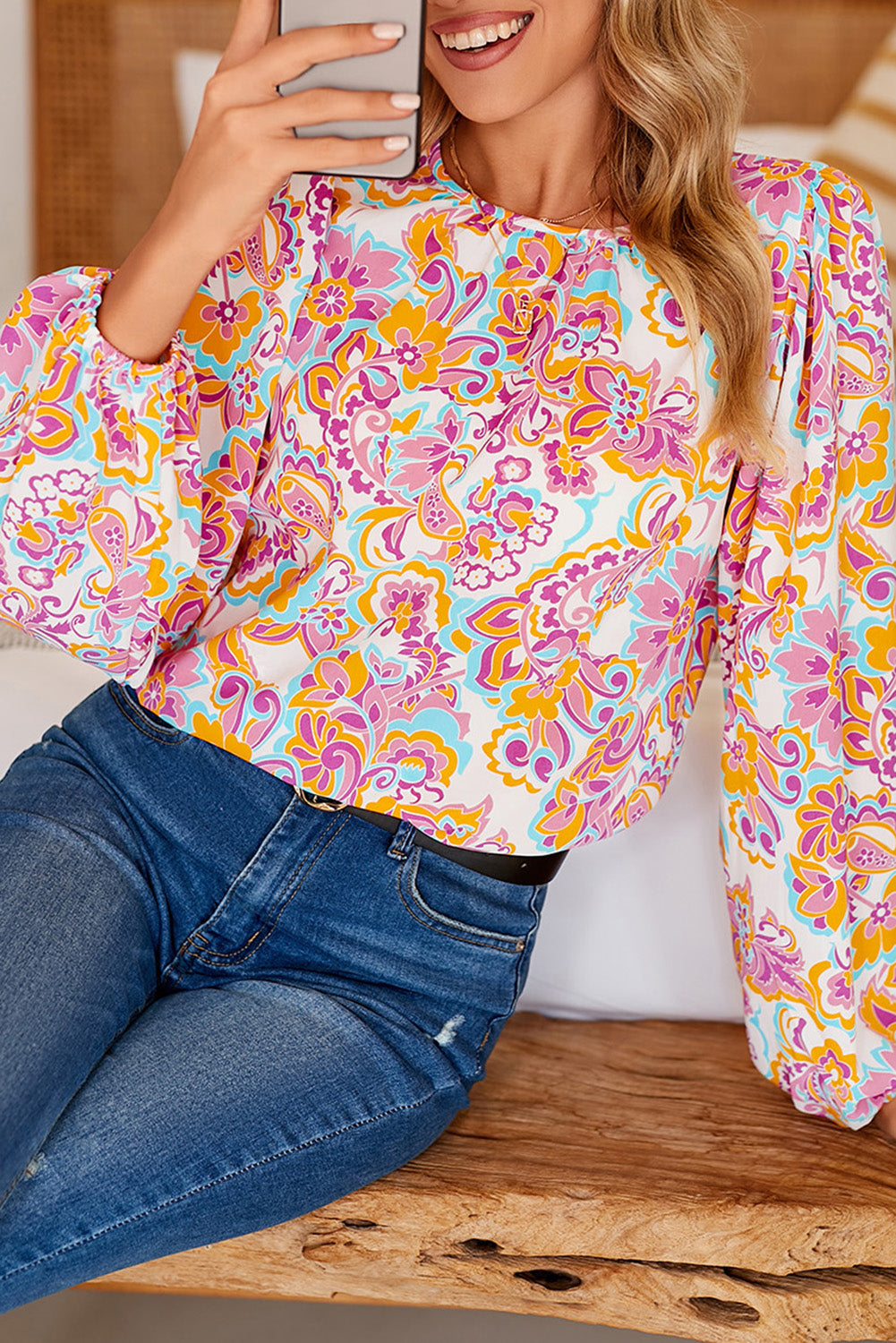 Purple Boho Paisley Printed Peasant Sleeve Top