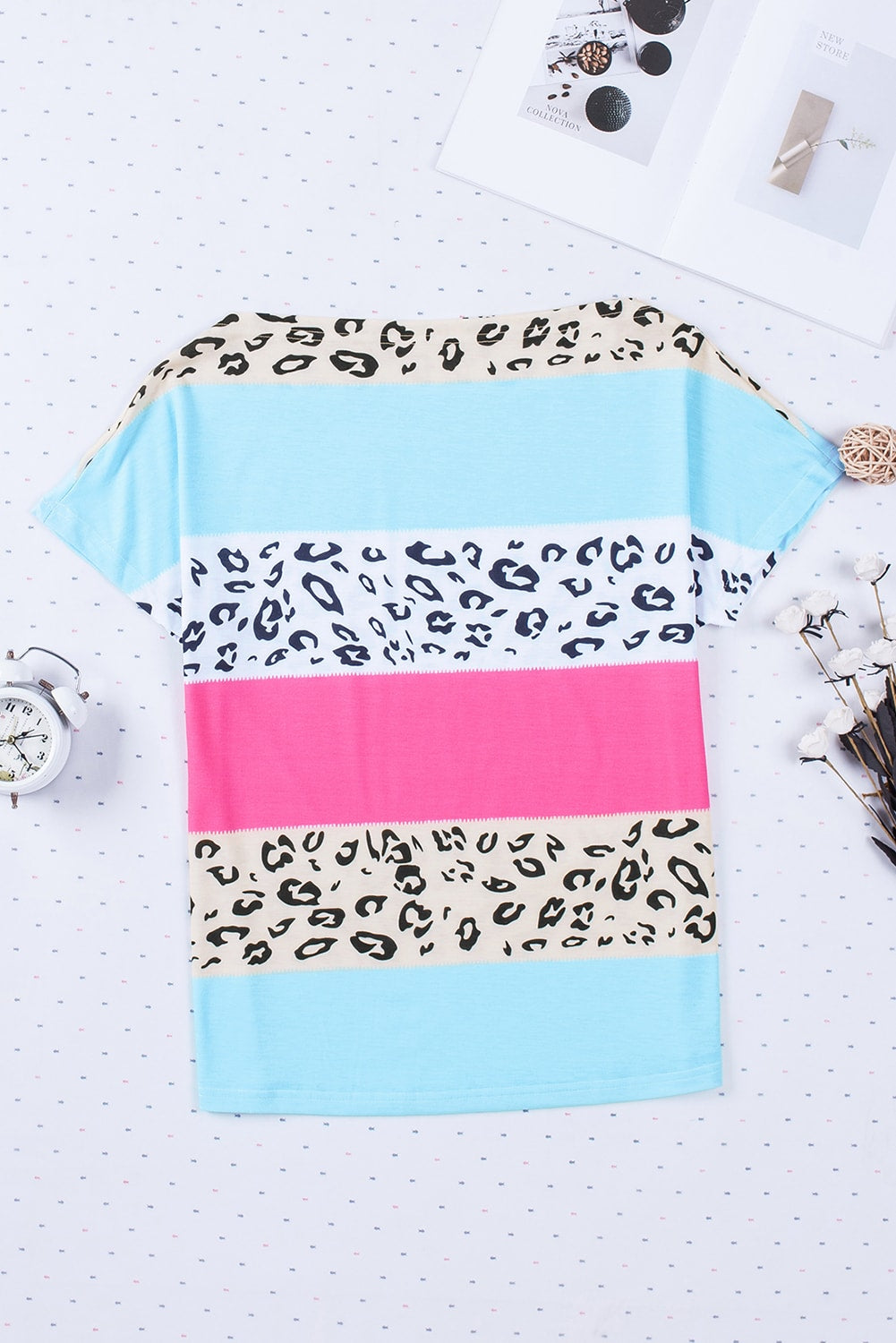 Leopard Print Color Block Short Sleeve Boat Neck Top