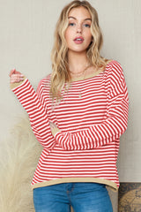 Fiery Red Striped Colorblock Trim Knit Pullover Sweater