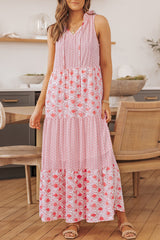 Pink Abstract Print Patchwork Sleeveless V Neck Tiered Dress