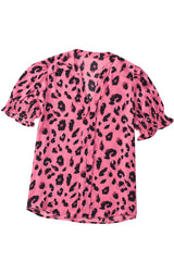 Pink Leopard Print V Neck Smocked Puff Sleeve Blouse