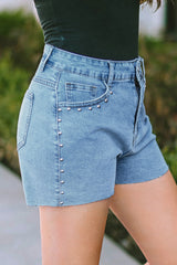 Sky Blue Casual Studded Denim Raw Hem Shorts