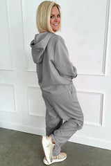 Gray Plain Long Sleeve Hooded Pullover & Wide Leg Pants Set