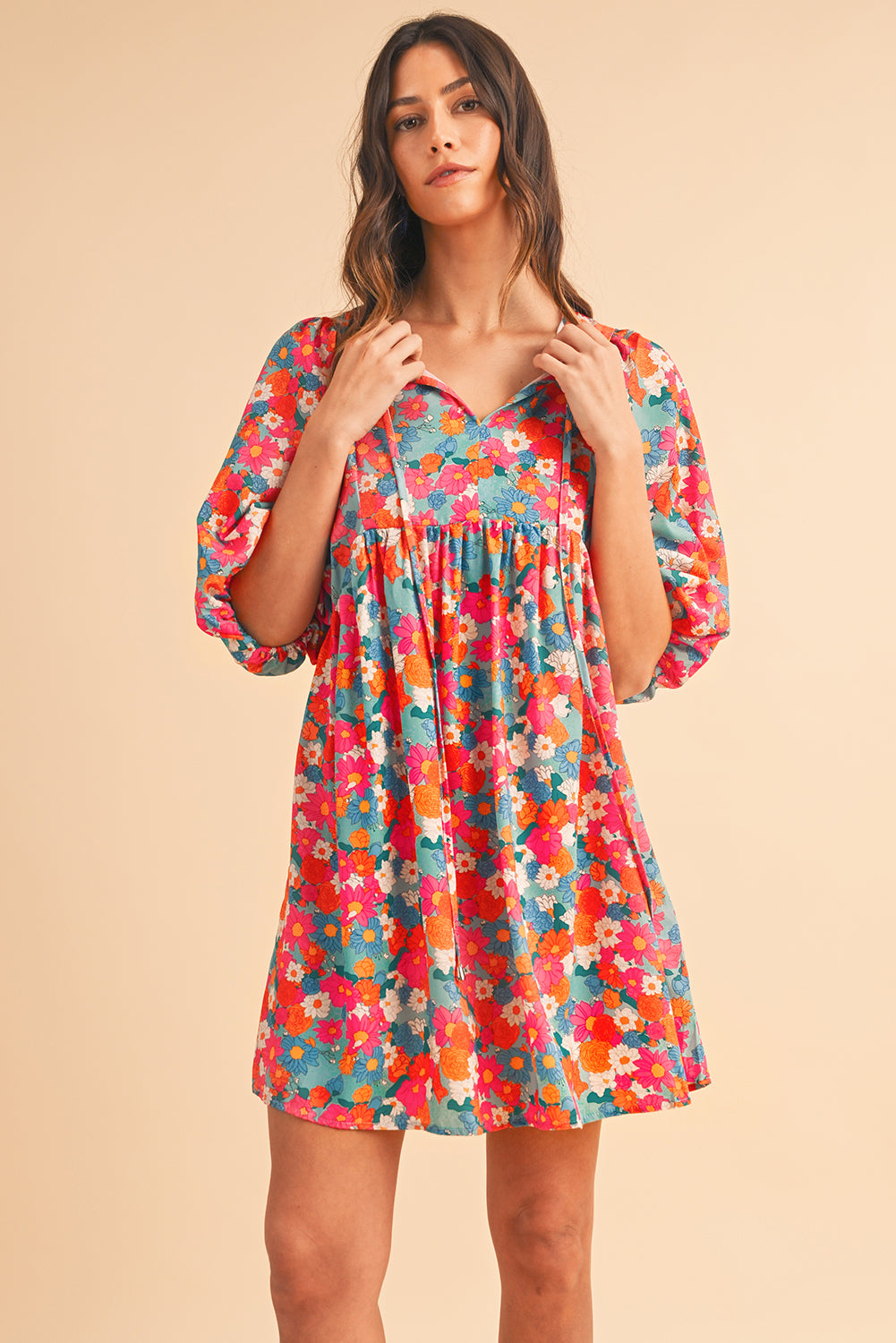 Sky Blue Boho Floral Print V Neck Lantern Sleeve Babydoll Dress