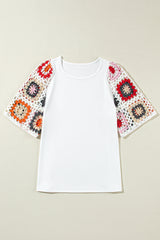 White Floral Hollowed Crochet Sleeve Boho T Shirt