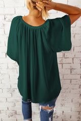 Green Casual Split Neck Pleated Loose Blouse