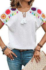 White Boho Embroidered V Neck Fringe Short Sleeve Blouse