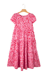 Pink Spotted Print Short Sleeve Flare Tiered Dress