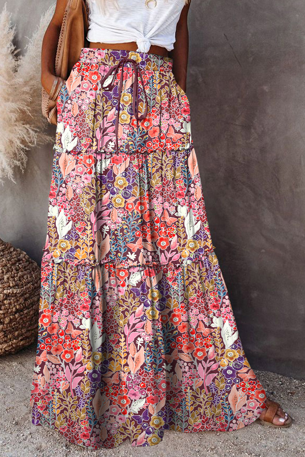 Multicolor Boho Floral Print High Waist Maxi Skirt