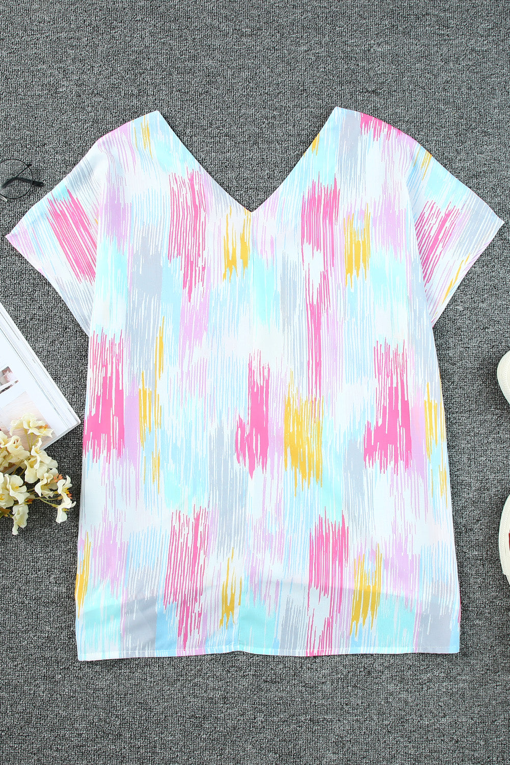 Multicolor Abstract Print V Neck Short Sleeve Dolman Blouse