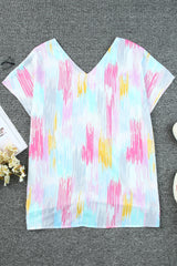 Multicolor Abstract Print V Neck Short Sleeve Dolman Blouse