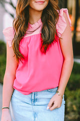 Rose Red Two Tone Pleated Ruffle Trim Blouse