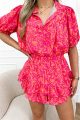 Rose Abstract Print Puff Sleeve Layered Ruffle Mini Dress