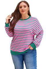 Pink Stripe Waffle Knit Crew Neck Plus Size Sweatshirt