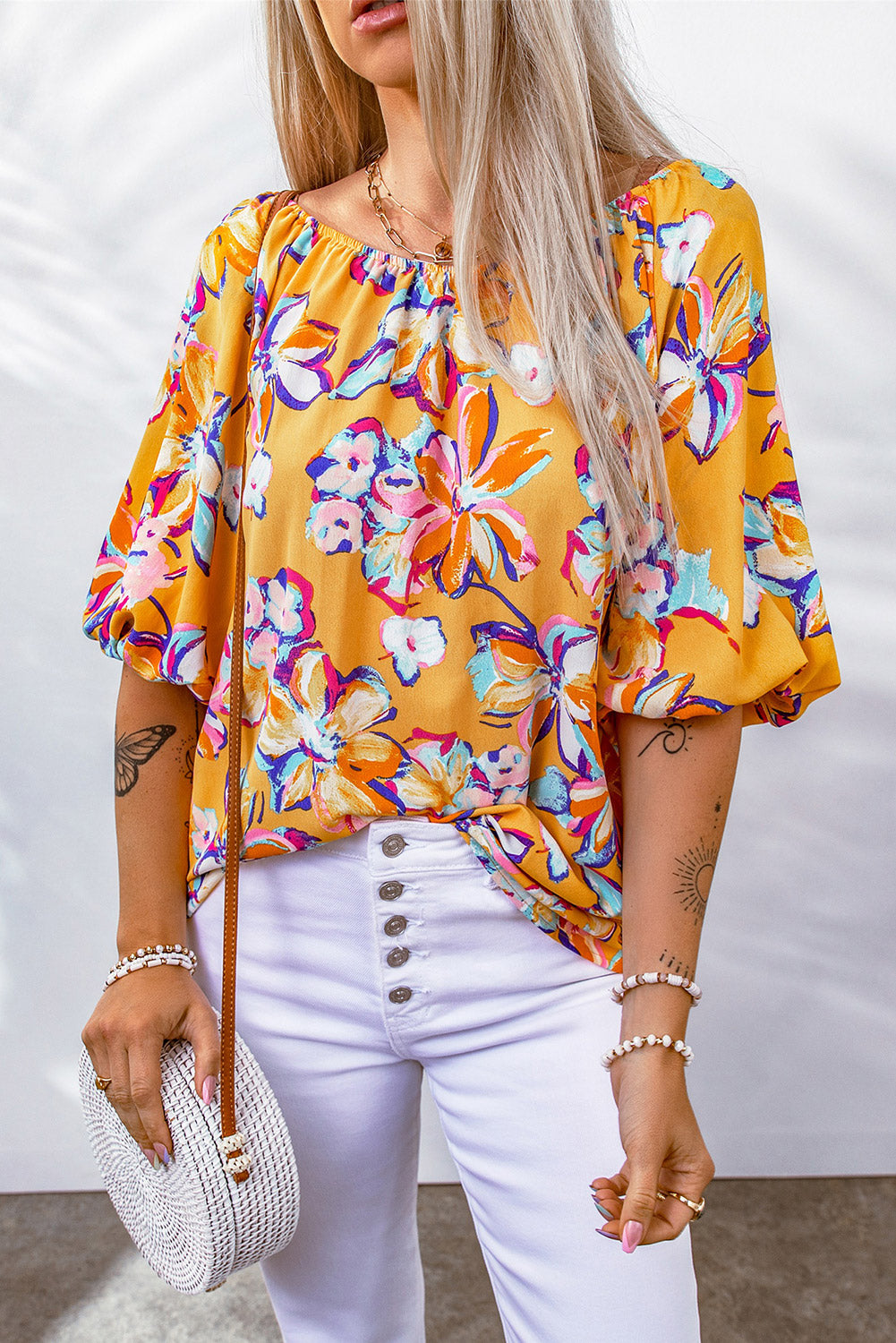 Yellow Floral Print Boho Half Sleeve Bishop Sleeve Blouse