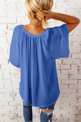 Blue Casual Split Neck Pleated Loose Short Sleeve Blouse