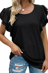 Black Eyelet Textured Ruffle Sleeve Short Sleeve Blouse