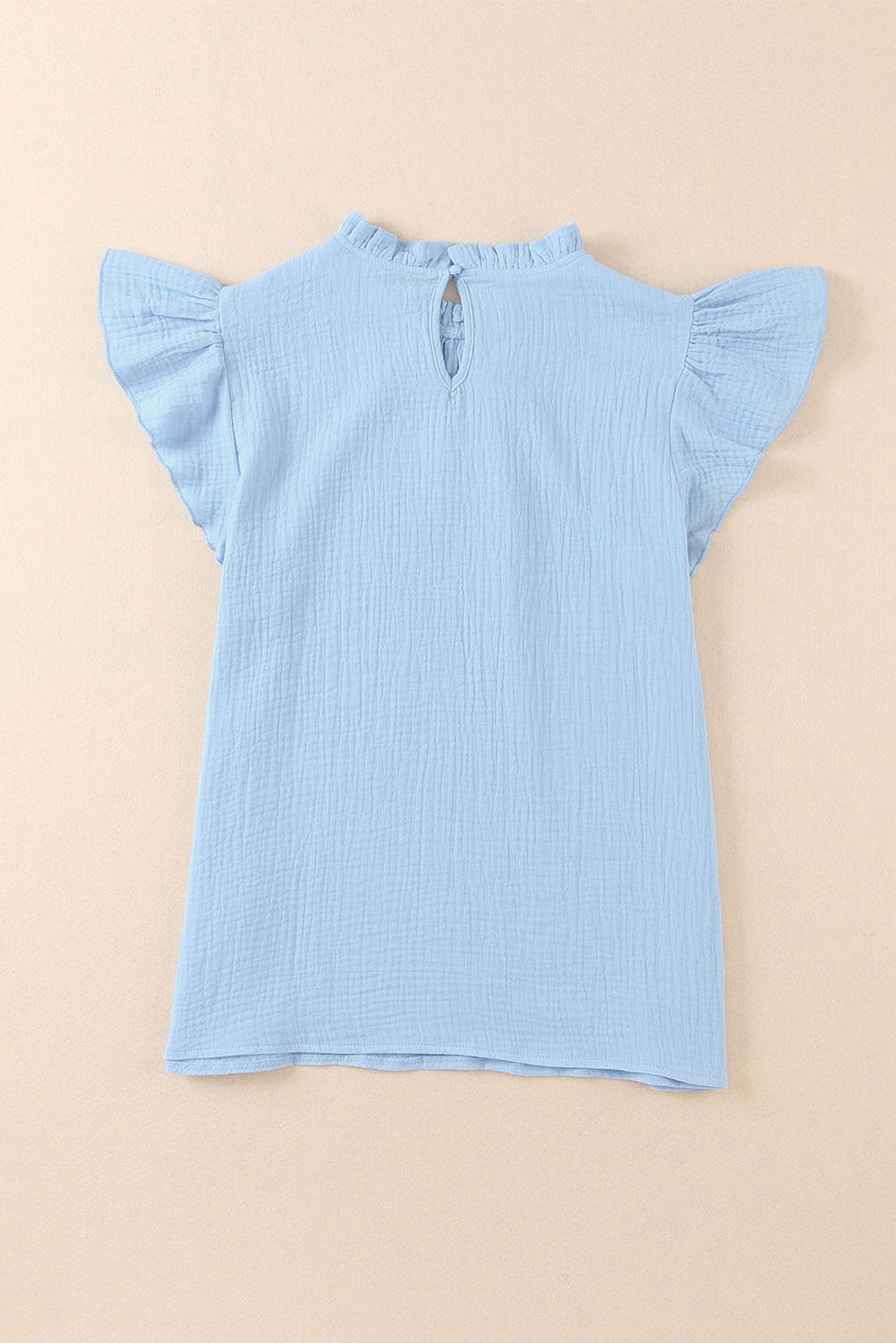 Light Blue Crinkled Ruffle Casual Short Sleeve Blouse