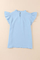 Light Blue Crinkled Ruffle Casual Short Sleeve Blouse