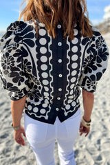 Black Floral Print Button-up Puff Sleeve Blouse