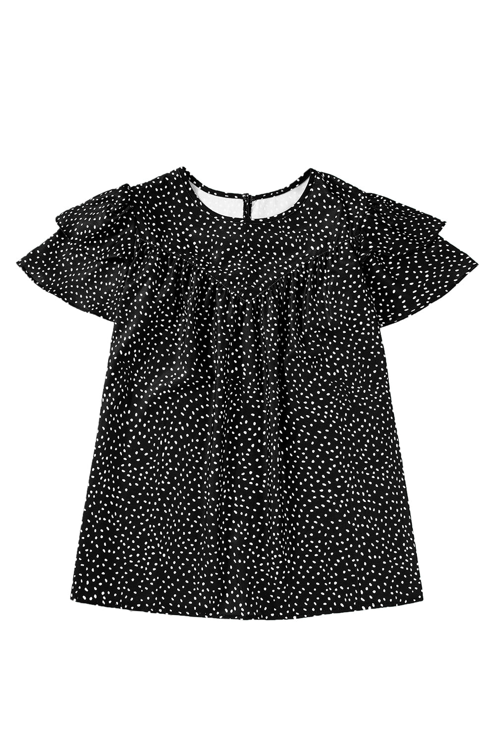 Black Spotted Print Pleated Ruffle Sleeve Blouse