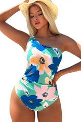 Green Floral Print Ruched Cut Out One Shoulder One Piece Swimsuit