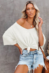 White Waffle Knit Casual Drop Shoulder Loose Top