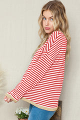 Fiery Red Striped Colorblock Trim Knit Pullover Sweater