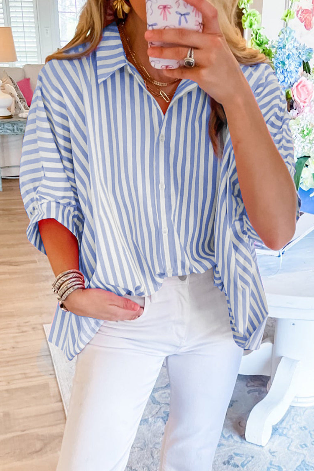 Sky Blue Stripe Dolman Sleeve Oversized Blouse