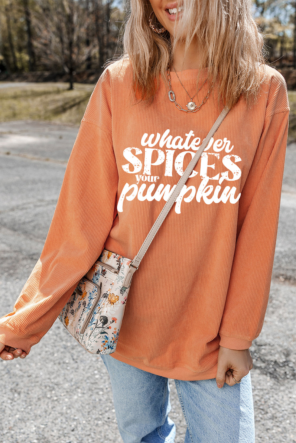 Orange Corded Whatever Spices Your Pumpkin Graphic Sweatshirt