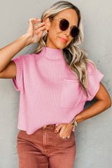 Wholesale Pink Patch Pocket Ribbed Knit Short Sleeve Sweater