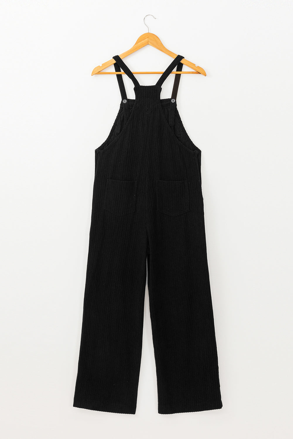 Black Plain Pocketed Loose Fit Corduroy Overalls