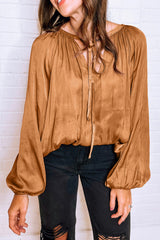 Camel V Neck Pleated Lantern Sleeve Blouse