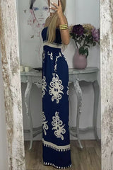 Blue Boho Print High Waist Wide Leg Jumpsuit